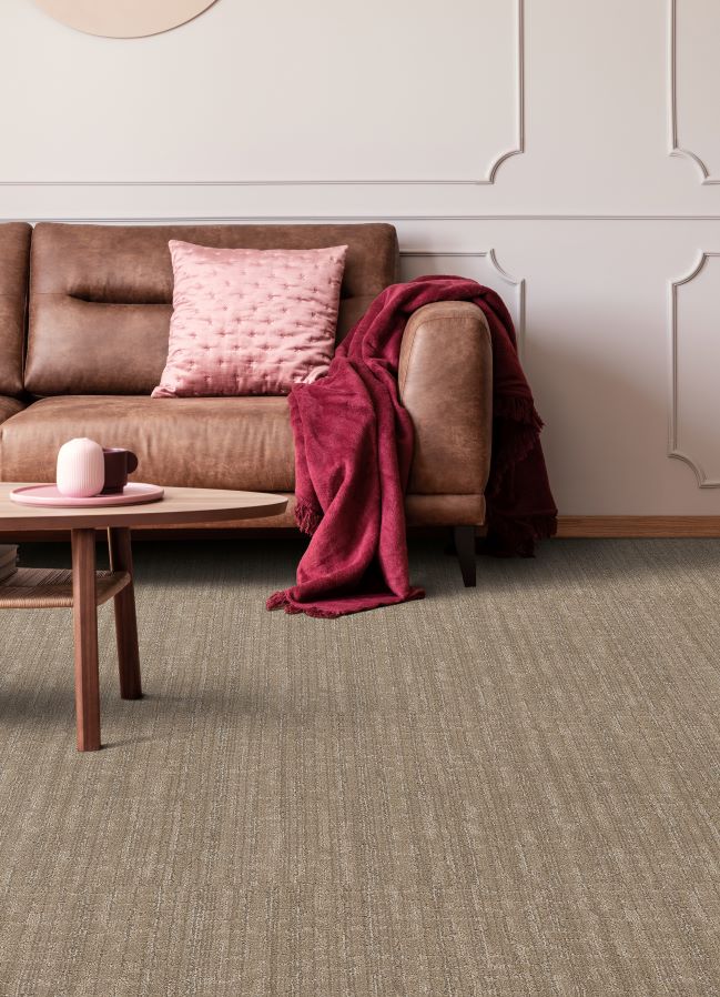 durable textured carpets in a stylish living room with a leather couch